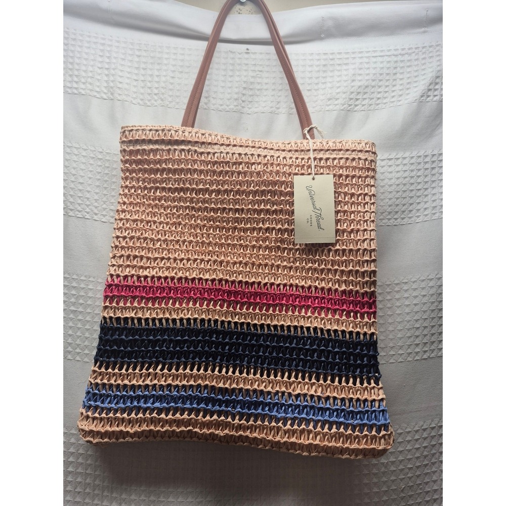 Universal Thread Target Straw Shoulder Bag Tan Blue Red Large Canvas Tote s37